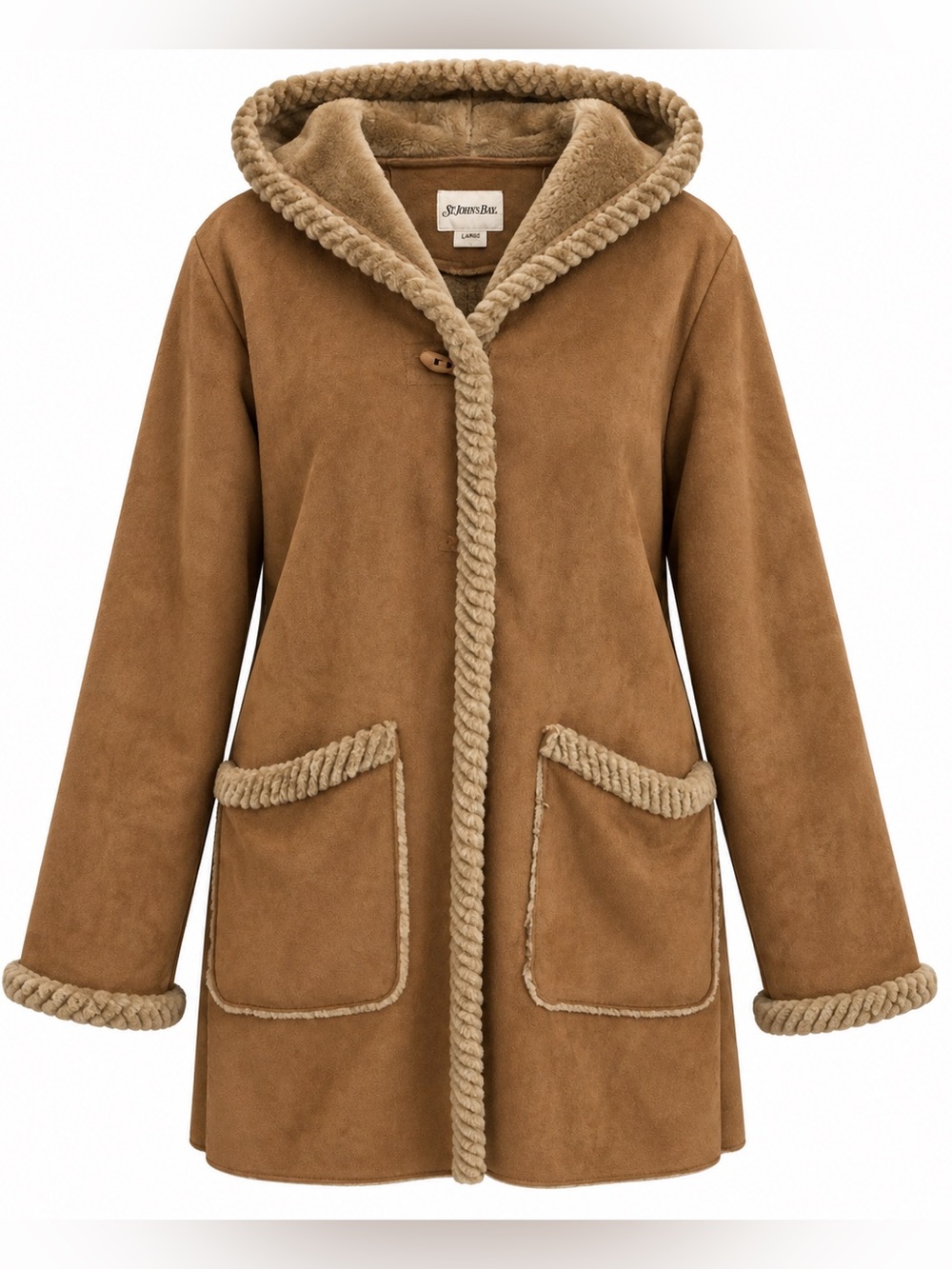 Faux Suede Coat L Relaxed Fit Hooded Faux Shearling Lined Toggle Mid Length